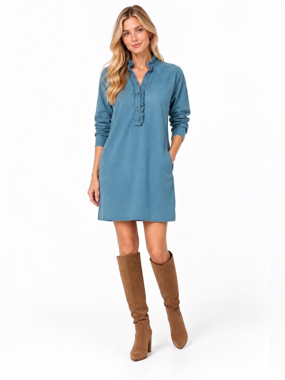 ANN MASHBURN Nicky Popover Shirtdress in Steel Blue Stretch Cord Size XS